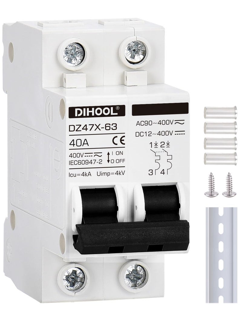 DIHOOL Solar Disconnect Switch, 40 Amp 2 Pole, DIN Rail Mount, Non Polarized, 12V 24V 48V 400V, AC/DC Circuit Breaker, RV Battery Isolator, PV Array MCB, Thermal Magnetic Trip - Image 1